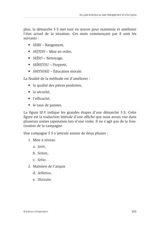 Du juste-à-temps au Lean Management et à Six sigma
345© Éditions d’Organisation
plus, la démarche 5 S met tout en œuvre pour maintenir et améliorer
l’état actuel de la situation. Ces mots commençant par S sont les
suivants :
• SEIRI – Rangement,
• SEITON – Mise en ordre,
• SEÏSO – Nettoyage,
• SEÏKETSU – Propreté,
• SHITSUKE – Éducation morale.
La ﬁnalité de la méthode est d’améliorer :
• la qualité des pièces produites,
• la sécurité,
• l’efﬁcacité,
• le taux de pannes.
La ﬁgure 10.9 indique les grandes étapes d’une démarche 5 S. Cette
ﬁgure est la traduction littérale d’une afﬁche que nous avons vue dans
plusieurs usines japonaises lors d’une visite. Il ne s’agit pas de la fran-
cisation de la campagne.
Une campagne 5 S s’articule autour de deux phases :
1. Mise à niveau
a. Seiri,
b. Seiton,
c. Seïso.
2. Maintien de l’acquis
d. Seïketsu,
e. Shitsuke.
 