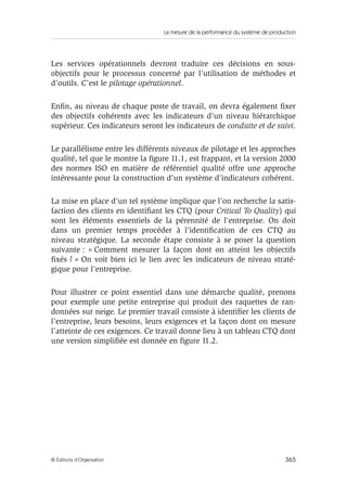 La mesure de la performance du système de production
365© Éditions d’Organisation
Les services opérationnels devront traduire ces décisions en sous-
objectifs pour le processus concerné par l’utilisation de méthodes et
d’outils. C’est le pilotage opérationnel.
Enﬁn, au niveau de chaque poste de travail, on devra également ﬁxer
des objectifs cohérents avec les indicateurs d’un niveau hiérarchique
supérieur. Ces indicateurs seront les indicateurs de conduite et de suivi.
Le parallélisme entre les différents niveaux de pilotage et les approches
qualité, tel que le montre la ﬁgure 11.1, est frappant, et la version 2000
des normes ISO en matière de référentiel qualité offre une approche
intéressante pour la construction d’un système d’indicateurs cohérent.
La mise en place d’un tel système implique que l’on recherche la satis-
faction des clients en identiﬁant les CTQ (pour Critical To Quality) qui
sont les éléments essentiels de la pérennité de l’entreprise. On doit
dans un premier temps procéder à l’identiﬁcation de ces CTQ au
niveau stratégique. La seconde étape consiste à se poser la question
suivante : « Comment mesurer la façon dont on atteint les objectifs
ﬁxés ? » On voit bien ici le lien avec les indicateurs de niveau straté-
gique pour l’entreprise.
Pour illustrer ce point essentiel dans une démarche qualité, prenons
pour exemple une petite entreprise qui produit des raquettes de ran-
données sur neige. Le premier travail consiste à identiﬁer les clients de
l’entreprise, leurs besoins, leurs exigences et la façon dont on mesure
l’atteinte de ces exigences. Ce travail donne lieu à un tableau CTQ dont
une version simpliﬁée est donnée en ﬁgure 11.2.
 