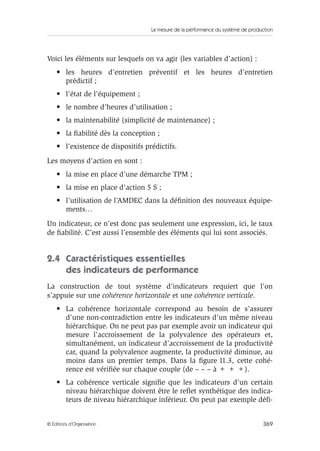 La mesure de la performance du système de production
369© Éditions d’Organisation
Voici les éléments sur lesquels on va agir (les variables d’action) :
• les heures d’entretien préventif et les heures d’entretien
prédictif ;
• l’état de l’équipement ;
• le nombre d’heures d’utilisation ;
• la maintenabilité (simplicité de maintenance) ;
• la ﬁabilité dès la conception ;
• l’existence de dispositifs prédictifs.
Les moyens d’action en sont :
• la mise en place d’une démarche TPM ;
• la mise en place d’action 5 S ;
• l’utilisation de l’AMDEC dans la déﬁnition des nouveaux équipe-
ments…
Un indicateur, ce n’est donc pas seulement une expression, ici, le taux
de ﬁabilité. C’est aussi l’ensemble des éléments qui lui sont associés.
2.4 Caractéristiques essentielles
des indicateurs de performance
La construction de tout système d’indicateurs requiert que l’on
s’appuie sur une cohérence horizontale et une cohérence verticale.
• La cohérence horizontale correspond au besoin de s’assurer
d’une non-contradiction entre les indicateurs d’un même niveau
hiérarchique. On ne peut pas par exemple avoir un indicateur qui
mesure l’accroissement de la polyvalence des opérateurs et,
simultanément, un indicateur d’accroissement de la productivité
car, quand la polyvalence augmente, la productivité diminue, au
moins dans un premier temps. Dans la ﬁgure 11.3, cette cohé-
rence est vériﬁée sur chaque couple (de – – – à + + +).
• La cohérence verticale signiﬁe que les indicateurs d’un certain
niveau hiérarchique doivent être le reﬂet synthétique des indica-
teurs de niveau hiérarchique inférieur. On peut par exemple déﬁ-
 