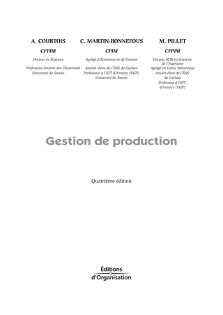 A. COURTOIS C. MARTIN-BONNEFOUS M. PILLET
CFPIM CPIM CFPIM
Docteur ès Sciences Agrégé d’Économie et de Gestion Docteur HDR en Sciences
de l’Ingénieur
Professeur émérite des Universités Ancien élève de l’ENS de Cachan Agrégé en Génie Mécanique
Université de Savoie Professeur à l’IUT d’Annecy (OGP) Ancien élève de l’ENS
Université de Savoie de Cachan
Professeur à l’IUT
d’Annecy (OGP)
Gestion de production
Quatrième édition
 