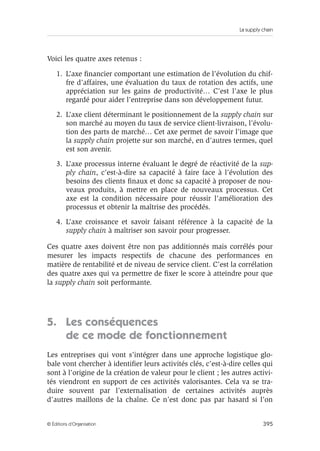 La supply chain
395© Éditions d’Organisation
Voici les quatre axes retenus :
1. L’axe ﬁnancier comportant une estimation de l’évolution du chif-
fre d’affaires, une évaluation du taux de rotation des actifs, une
appréciation sur les gains de productivité… C’est l’axe le plus
regardé pour aider l’entreprise dans son développement futur.
2. L’axe client déterminant le positionnement de la supply chain sur
son marché au moyen du taux de service client-livraison, l’évolu-
tion des parts de marché… Cet axe permet de savoir l’image que
la supply chain projette sur son marché, en d’autres termes, quel
est son avenir.
3. L’axe processus interne évaluant le degré de réactivité de la sup-
ply chain, c’est-à-dire sa capacité à faire face à l’évolution des
besoins des clients ﬁnaux et donc sa capacité à proposer de nou-
veaux produits, à mettre en place de nouveaux processus. Cet
axe est la condition nécessaire pour réussir l’amélioration des
processus et obtenir la maîtrise des procédés.
4. L’axe croissance et savoir faisant référence à la capacité de la
supply chain à maîtriser son savoir pour progresser.
Ces quatre axes doivent être non pas additionnés mais corrélés pour
mesurer les impacts respectifs de chacune des performances en
matière de rentabilité et de niveau de service client. C’est la corrélation
des quatre axes qui va permettre de ﬁxer le score à atteindre pour que
la supply chain soit performante.
5. Les conséquences
de ce mode de fonctionnement
Les entreprises qui vont s’intégrer dans une approche logistique glo-
bale vont chercher à identiﬁer leurs activités clés, c’est-à-dire celles qui
sont à l’origine de la création de valeur pour le client ; les autres activi-
tés viendront en support de ces activités valorisantes. Cela va se tra-
duire souvent par l’externalisation de certaines activités auprès
d’autres maillons de la chaîne. Ce n’est donc pas par hasard si l’on
 