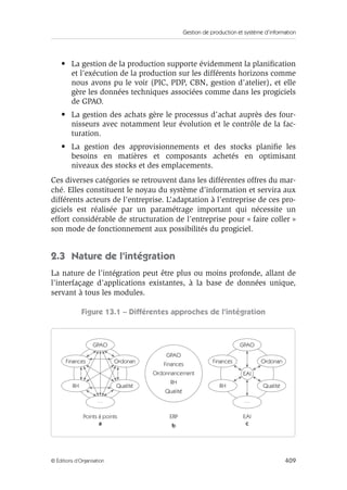 Gestion de production et système d’information
409© Éditions d’Organisation
• La gestion de la production supporte évidemment la planiﬁcation
et l’exécution de la production sur les différents horizons comme
nous avons pu le voir (PIC, PDP, CBN, gestion d’atelier), et elle
gère les données techniques associées comme dans les progiciels
de GPAO.
• La gestion des achats gère le processus d’achat auprès des four-
nisseurs avec notamment leur évolution et le contrôle de la fac-
turation.
• La gestion des approvisionnements et des stocks planiﬁe les
besoins en matières et composants achetés en optimisant
niveaux des stocks et des emplacements.
Ces diverses catégories se retrouvent dans les différentes offres du mar-
ché. Elles constituent le noyau du système d’information et servira aux
différents acteurs de l’entreprise. L’adaptation à l’entreprise de ces pro-
giciels est réalisée par un paramétrage important qui nécessite un
effort considérable de structuration de l’entreprise pour « faire coller »
son mode de fonctionnement aux possibilités du progiciel.
2.3 Nature de l’intégration
La nature de l’intégration peut être plus ou moins profonde, allant de
l’interfaçage d’applications existantes, à la base de données unique,
servant à tous les modules.
Figure 13.1 – Différentes approches de l’intégration
GPAO
Points à points
a
GPAO
Finances
Ordonnancement
RH
Qualité
ERP
b
Ordonan
Qualité
…
RH
Finances
GPAO
EAI
c
EAI
Ordonan
Qualité
…
RH
Finances
 