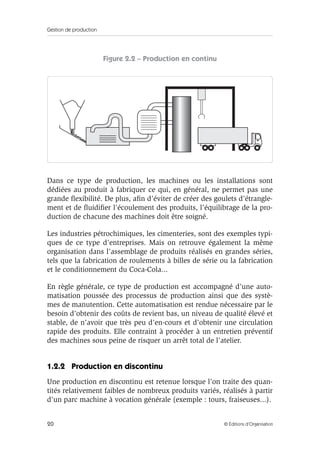 Gestion de production
20 © Éditions d’Organisation
Figure 2.2 – Production en continu
Dans ce type de production, les machines ou les installations sont
dédiées au produit à fabriquer ce qui, en général, ne permet pas une
grande ﬂexibilité. De plus, aﬁn d’éviter de créer des goulets d’étrangle-
ment et de ﬂuidiﬁer l’écoulement des produits, l’équilibrage de la pro-
duction de chacune des machines doit être soigné.
Les industries pétrochimiques, les cimenteries, sont des exemples typi-
ques de ce type d’entreprises. Mais on retrouve également la même
organisation dans l’assemblage de produits réalisés en grandes séries,
tels que la fabrication de roulements à billes de série ou la fabrication
et le conditionnement du Coca-Cola...
En règle générale, ce type de production est accompagné d’une auto-
matisation poussée des processus de production ainsi que des systè-
mes de manutention. Cette automatisation est rendue nécessaire par le
besoin d’obtenir des coûts de revient bas, un niveau de qualité élevé et
stable, de n’avoir que très peu d’en-cours et d’obtenir une circulation
rapide des produits. Elle contraint à procéder à un entretien préventif
des machines sous peine de risquer un arrêt total de l’atelier.
1.2.2 Production en discontinu
Une production en discontinu est retenue lorsque l’on traite des quan-
tités relativement faibles de nombreux produits variés, réalisés à partir
d’un parc machine à vocation générale (exemple : tours, fraiseuses...).
 