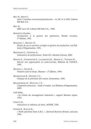 Gestion de production
440 © Éditions d’Organisation
BELT B., BRUN F.,
Gérer l’interface commercial/production – Le PIC et le PDP, Cabinet
Bill Belt S.A.
BELT B.,
MRP sans OF, Cabinet Bill Belt S.A., 1990.
BENEDETTI Claudio,
Introduction à la gestion des opérations, Études vivantes,
3e édition, 1991.
BENICHOU J., MALHIET D.,
Études de cas et exercices corrigés en gestion de production, Les Édi-
tions d’Organisation, 1991.
BONNEFOUS C., COURTOIS A.,
Indicateurs de performance, Traité IC2, Hermès Science, 2001.
BOUCHE G., CHARPENTIER P., LALLEMAND Ch., MARTIN C., TONNEAU D.,
Réussir une organisation en juste-à-temps, Éditions de l’ANACT,
1991.
BOUNINE J., SUZAKI K.,
Produire juste-à-temps, Masson – 2e édition, 1994.
BOURBONNAIS R., USUNIER J.-C.,
Pratique de la prévision des ventes, Economica, 1992.
BRANDENBURG H., WOJTYNA J. P.,
L’Approche processus : mode d’emploi, Les Éditions d’Organisation,
2003.
CAP SESA,
« Le Centre du management industriel », rapport Mission Japon,
1992.
CERUTTI O.,
Indicateurs et tableaux de bord, AFNOR, 1992.
COOPER R., KAPLAN R.,
« Proﬁt priorities from A.B.C. », Harvard Business Review, mai-juin
1991.
 