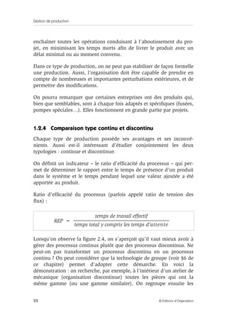 Gestion de production
22 © Éditions d’Organisation
enchaîner toutes les opérations conduisant à l’aboutissement du pro-
jet, en minimisant les temps morts aﬁn de livrer le produit avec un
délai minimal ou au moment convenu.
Dans ce type de production, on ne peut pas stabiliser de façon formelle
une production. Aussi, l’organisation doit être capable de prendre en
compte de nombreuses et importantes perturbations extérieures, et de
permettre des modiﬁcations.
On pourra remarquer que certaines entreprises ont des produits qui,
bien que semblables, sont à chaque fois adaptés et spéciﬁques (fusées,
pompes spéciales…). Elles fonctionnent en grande partie par projets.
1.2.4 Comparaison type continu et discontinu
Chaque type de production possède ses avantages et ses inconvé-
nients. Aussi est-il intéressant d’étudier conjointement les deux
typologies : continue et discontinue.
On déﬁnit un indicateur – le ratio d’efﬁcacité du processus – qui per-
met de déterminer le rapport entre le temps de présence d’un produit
dans le système et le temps pendant lequel une valeur ajoutée a été
apportée au produit.
Ratio d’efﬁcacité du processus (parfois appelé ratio de tension des
ﬂux) :
Lorsqu’on observe la ﬁgure 2.4, on s’aperçoit qu’il vaut mieux avoir à
gérer des processus continus plutôt que des processus discontinus. Ne
peut-on pas transformer un processus discontinu en un processus
continu ? On peut considérer que la technologie de groupe (voir §6 de
ce chapitre) permet d’adopter cette démarche. En voici la
démonstration : on recherche, par exemple, à l’intérieur d’un atelier de
mécanique (organisation discontinue) toutes les pièces qui ont la
même gamme (ou une gamme similaire). On regroupe ensuite les
REP
temps de travail effectif
temps total y compris les temps d attente'
--------------------------------------------------------------------------------------------------------------------------------------=
 