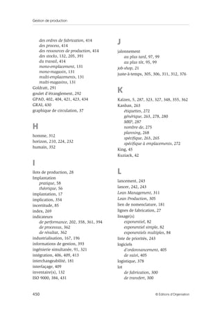 Gestion de production
450 © Éditions d’Organisation
des ordres de fabrication, 414
des process, 414
des ressources de production, 414
des stocks, 132, 205, 391
du travail, 414
mono-emplacement, 131
mono-magasin, 131
multi-emplacements, 131
multi-magasins, 131
Goldratt, 291
goulet d’étranglement, 292
GPAO, 402, 404, 421, 423, 434
GRAI, 430
graphique de circulation, 37
H
homme, 312
horizon, 210, 224, 232
humain, 352
I
îlots de production, 28
Implantation
pratique, 58
théorique, 56
implantation, 17
implication, 354
incertitude, 85
index, 269
indicateurs
de performance, 202, 358, 361, 394
de processus, 362
de résultat, 362
industrialisation, 167, 196
informations de gestion, 393
ingénierie simultanée, 91, 321
intégration, 406, 409, 413
interchangeabilité, 181
interfaçage, 409
inventaire(s), 132
ISO 9000, 384, 431
J
jalonnement
au plus tard, 97, 99
au plus tôt, 95, 99
job-shop, 21
juste-à-temps, 305, 306, 311, 312, 376
K
Kaïzen, 5, 287, 323, 327, 348, 355, 362
Kanban, 263
étiquettes, 272
générique, 263, 278, 280
MRP, 287
nombre de, 275
planning, 268
spécifique, 263, 265
spécifique à emplacements, 272
King, 45
Kuziack, 42
L
lancement, 243
lancer, 242, 243
Lean Management, 311
Lean Production, 305
lien de nomenclature, 181
lignes de fabrication, 27
lissage(s)
exponentiel, 82
exponentiel simple, 82
exponentiels multiples, 84
liste de priorités, 243
logiciels
d’ordonnancement, 405
de suivi, 405
logistique, 378
lot
de fabrication, 300
de transfert, 300
 