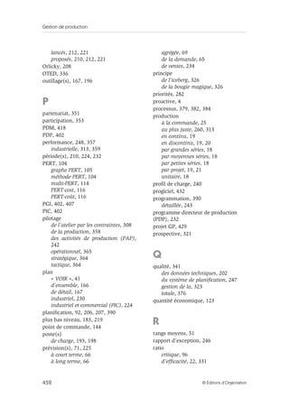 Gestion de production
452 © Éditions d’Organisation
lancés, 212, 221
proposés, 210, 212, 221
Orlicky, 208
OTED, 336
outillage(s), 167, 196
P
partenariat, 351
participation, 353
PDM, 418
PDP, 402
performance, 248, 357
industrielle, 313, 359
période(s), 210, 224, 232
PERT, 104
graphe PERT, 105
méthode PERT, 104
multi-PERT, 114
PERT-cost, 116
PERT-coût, 116
PGI, 402, 407
PIC, 402
pilotage
de l’atelier par les contraintes, 308
de la production, 358
des activités de production (PAP),
242
opérationnel, 365
stratégique, 364
tactique, 364
plan
« VOIR », 41
d’ensemble, 166
de détail, 167
industriel, 230
industriel et commercial (PIC), 224
planification, 92, 206, 207, 390
plus bas niveau, 183, 219
point de commande, 144
poste(s)
de charge, 193, 198
prévision(s), 71, 225
à court terme, 66
à long terme, 66
agrégée, 69
de la demande, 65
de ventes, 234
principe
de l’iceberg, 326
de la bougie magique, 326
priorités, 282
proactive, 4
processus, 379, 382, 384
production
à la commande, 25
au plus juste, 260, 313
en continu, 19
en discontinu, 19, 20
par grandes séries, 18
par moyennes séries, 18
par petites séries, 18
par projet, 19, 21
unitaire, 18
profil de charge, 240
progiciel, 432
programmation, 390
détaillée, 243
programme directeur de production
(PDP), 232
projet GP, 429
prospective, 321
Q
qualité, 341
des données techniques, 202
du système de planification, 247
gestion de la, 323
totale, 376
quantité économique, 123
R
rangs moyens, 51
rapport d’exception, 246
ratio
critique, 96
d’efficacité, 22, 331
 