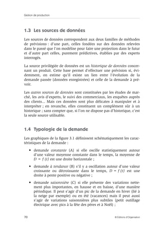 Gestion de production
70 © Éditions d’Organisation
1.3 Les sources de données
Les sources de données correspondent aux deux familles de méthodes
de prévisions : d’une part, celles fondées sur des données relevées
dans le passé que l’on modélise pour faire une projection dans le futur
et d’autre part celles, purement prédictives, établies par des experts
interrogés.
La source privilégiée de données est un historique de données concer-
nant un produit. Cette base permet d’effectuer une prévision si, évi-
demment, on estime qu’il existe un lien entre l’évolution de la
demande passée (données enregistrées) et celle de la demande à pré-
voir.
Les autres sources de données sont constituées par les études de mar-
ché, les avis d’experts, le suivi des commerciaux, les enquêtes auprès
des clients... Mais ces données sont plus délicates à manipuler et à
interpréter ; en revanche, elles constituent un complément sûr à un
historique ; sans compter que, si l’on ne dispose pas d’historique, c’est
la seule source utilisable.
1.4 Typologie de la demande
Les graphiques de la ﬁgure 3.1 déﬁnissent schématiquement les carac-
téristiques de la demande :
• demande constante (A) si elle oscille statistiquement autour
d’une valeur moyenne constante dans le temps, la moyenne de
D = f (t) est une droite horizontale ;
• demande à tendance (B) s’il y a oscillation autour d’une valeur
croissante ou décroissante dans le temps, D = f (t) est une
droite à pente positive ou négative ;
• demande saisonnière (C) si elle présente des variations nette-
ment plus importantes, en hausse et en baisse, d’une manière
périodique. Il peut s’agir d’un pic de la demande en hiver (lié à
la neige par exemple) ou en été (vacances) mais il peut aussi
s’agir de variations saisonnières plus subtiles (petit outillage
électrique avec pics à la fête des pères et à Noël) ;
 