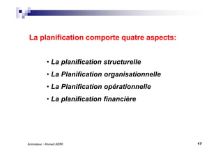 17Animateur : Ahmed ADRI
La planification comporte quatre aspects:
• La planification structurelle
• La Planification organisationnelle
• La Planification opérationnelle
• La planification financière
 