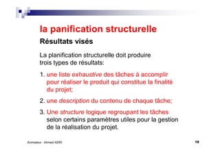 18Animateur : Ahmed ADRI
la panification structurelle
Résultats visés
La planification structurelle doit produire
trois types de résultats:
1. une liste exhaustive des tâches à accomplir
pour réaliser le produit qui constitue la finalité
du projet;
2. une description du contenu de chaque tâche;
3. Une structure logique regroupant les tâches
selon certains paramètres utiles pour la gestion
de la réalisation du projet.
 