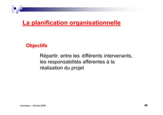 20Animateur : Ahmed ADRI
La planification organisationnelle
Objectifs
Répartir, entre les différents intervenants,
les responsabilités afférentes à la
réalisation du projet
 
