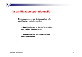 39Animateur : Ahmed ADRI
la panification opérationnelle
D’autres données sont nécessaires à la
planification opérationnelle :
1. l’évaluation de la duré d’exécution
des tâches élémentaires
2. l’identification des interrelations
entre ces tâches.
.
 