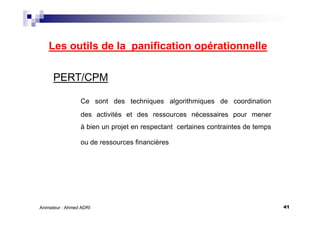 41Animateur : Ahmed ADRI
Les outils de la panification opérationnelle
PERT/CPM
Ce sont des techniques algorithmiques de coordination
des activités et des ressources nécessaires pour mener
à bien un projet en respectant certaines contraintes de temps
ou de ressources financières
 
