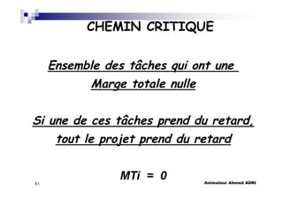 Animateur Ahmed ADRI61
CHEMIN CRITIQUE
Ensemble des tâches qui ont une
Marge totale nulle
Si une de ces tâches prend du retard,
tout le projet prend du retard
MTi = 0
 