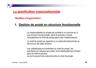 22Animateur : Ahmed ADRI
La planification organisationnelle
Modèles d’organisation :
1. Gestion de projet en structure fon...