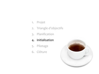 1. Projet
2. Triangle d’objectifs
3. Planification
4. Initialisation
5. Pilotage
6. Clôture
 