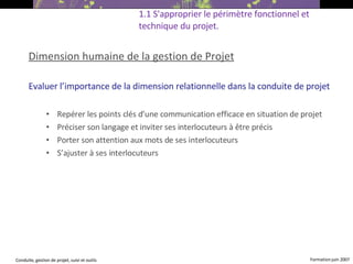 Dimension humaine de la gestion de Projet Evaluer l’importance de la dimension relationnelle dans la conduite de projet Repérer les points clés d’une communication efficace en situation de projet Préciser son langage et inviter ses interlocuteurs à être précis Porter son attention aux mots de ses interlocuteurs S’ajuster à ses interlocuteurs 1.1 S'approprier le périmètre fonctionnel et technique du projet. 