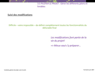 Suivi des modifications Difficile – voire impossible – de définir complètement toutes les fonctionnalités du délivrable final 3.5 PILOTER LE PROJET : Gérer les différents jalons et livrables Les modifications font partie de la vie du projet! => Mieux vaut s’y préparer… 