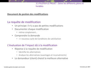 Document de gestion des modifications La requête de modification Un principe: il n’y a pas de petites modifications Documenter chaque modification même simplement… Comprendre la demande => nouveau cycle de Conditions de satisfaction L’évaluation de l’impact dû à la modification Réponse à la requête de modification Identifie les alternatives Analyse les alternatives (avantages et inconvénients) ‏ Le demandeur (client) choisit la meilleure alternative 3.5 PILOTER LE PROJET : Gérer les différents jalons et livrables 
