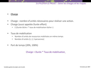 Charge Charge : nombre d’unités nécessaires pour réaliser une action. Charge (aussi appelée Durée effort) ‏ Σ  (Durée tâche i * taux de mobilisation tâche i ) ‏ Taux de mobilisation Nombre d’unités de ressources mobilisées en même temps Nombre d’unités (1, 2, 3 personnes) ‏ Part de temps (20%, 100%) ‏ Charge = Durée * Taux de mobilisation   3.6 PILOTER LE PROJET : Gérer les charges et les risques 