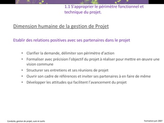Dimension humaine de la gestion de Projet Etablir des relations positives avec ses partenaires dans le projet Clarifier la demande, délimiter son périmètre d’action Formaliser avec précision l’objectif du projet à réaliser pour mettre en œuvre une vision commune Structurer ses entretiens et ses réunions de projet Ouvrir son cadre de références et inviter ses partenaires à en faire de même Développer les attitudes qui facilitent l’avancement du projet 1.1 S'approprier le périmètre fonctionnel et technique du projet. 