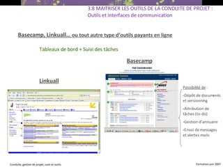 Basecamp, Linkuall…  ou tout autre type d’outils payants en ligne 3.8 MAITRISER LES OUTILS DE LA CONDUITE DE PROJET : Outils et interfaces de communication Tableaux de bord + Suivi des tâches Possibilité de  : Dépôt de documents et versionning Attribution de tâches (to-do) ‏ Gestion d’annuaire Envoi de messages et alertes mails Linkuall Basecamp 