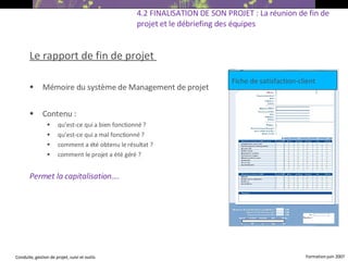 Le rapport de fin de projet  Mémoire du système de Management de projet Contenu : qu’est-ce qui a bien fonctionné ? qu’est-ce qui a mal fonctionné ? comment a été obtenu le résultat ? comment le projet a été géré ?   Permet la capitalisation…. 4.2 FINALISATION DE SON PROJET : La réunion de fin de projet et le débriefing des équipes Fiche de satisfaction-client 