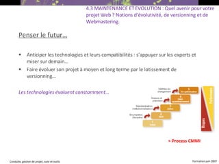 Penser le futur… Anticiper les technologies et leurs compatibilités : s’appuyer sur les experts et miser sur demain… Faire évoluer son projet à moyen et long terme par le lotissement de versionning… Les technologies évoluent constamment… 4.3 MAINTENANCE ET EVOLUTION : Quel avenir pour votre projet Web ? Notions d'évolutivité, de versionning et de Webmastering.   > Process CMMI 