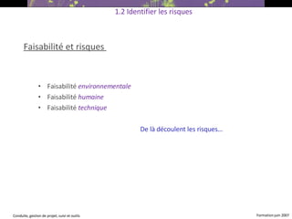 Faisabilité et risques  Faisabilité  environnementale Faisabilité  humaine Faisabilité  technique De là découlent les risques… 1.2 Identifier les risques 