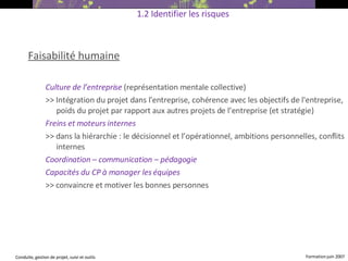 Faisabilité humaine Culture de l’entreprise   (représentation mentale collective)  >> Intégration du projet dans l'entreprise, cohérence avec les objectifs de l'entreprise, poids du projet par rapport aux autres projets de l’entreprise (et stratégie) ‏ Freins et moteurs internes  >> dans la hiérarchie : le décisionnel et l’opérationnel, ambitions personnelles, conflits internes Coordination – communication – pédagogie   Capacités du CP à manager les équipes >> convaincre et motiver les bonnes personnes   1.2 Identifier les risques 