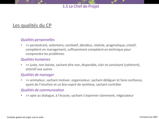 Les qualités du CP Qualités personnelles  >> persévérant, volontaire, combatif, décideur, réaliste, pragmatique, créatif, compétent en management, suffisamment compétent en technique pour comprendre les problèmes Qualités humaines >> juste, non laxiste, sachant dire non, disponible, clair et consistant (cohérent), attentif aux autres Qualités de manager >> animateur, sachant motiver, organisateur, sachant déléguer et faire confiance, ayant de l’intuition et un bon esprit de synthèse, sachant contrôler Qualités de communication >> apte au dialogue, à l’écoute, sachant s’exprimer clairement, négociateur 1.5 Le Chef de Projet 
