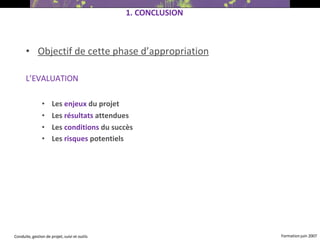 Objectif de cette phase d’appropriation L’EVALUATION Les  enjeux  du projet Les  résultats  attendues Les  conditions  du succès Les  risques  potentiels   1. CONCLUSION 