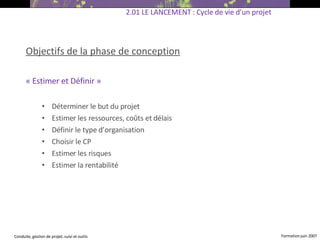 Objectifs de la phase de conception « Estimer et Définir » Déterminer le but du projet Estimer les ressources, coûts et délais Définir le type d’organisation Choisir le CP Estimer les risques Estimer la rentabilité  2.01 LE LANCEMENT : Cycle de vie d’un projet 