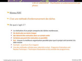 Réseau PERT C’est une méthode d’ordonnancement des tâches De quoi s’agit-il ? La réalisation d’un projet comporte des tâches nombreuses De durée plus ou moins longue Qui doivent être exécutées dans un certain ordre Certaines peuvent être exécutées en parallèle But :  trouver la meilleure organisation possible pour que le projet soit terminé à la date voulue Exemple : ouverture d’un magasin Une des méthodes utilisées pour atteindre ce but : Programm Evaluation and Review Technique = Technique d’évaluation et de contrôle des programmes. 2.05 LE LANCEMENT : Planification et ordonnancement par phases 
