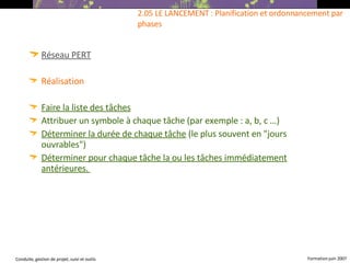 Réseau PERT Réalisation Faire la liste des tâches   Attribuer un symbole à chaque tâche (par exemple : a, b, c …)  Déterminer la durée de chaque tâche  (le plus souvent en "jours ouvrables")  Déterminer pour chaque tâche la ou les tâches immédiatement antérieures.  2.05 LE LANCEMENT : Planification et ordonnancement par phases 