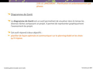 Diagramme de Gantt Le  diagramme de Gantt  est un outil permettant de visualiser dans le temps les diverses tâches composant un projet. Il permet de représenter graphiquement l'avancement du projet. Cet outil répond à deux objectifs :  planifier de façon optimale et communiquer sur le planning établi et les choix qu'il impose.   2.05 LE LANCEMENT : Planification et ordonnancement par phases 