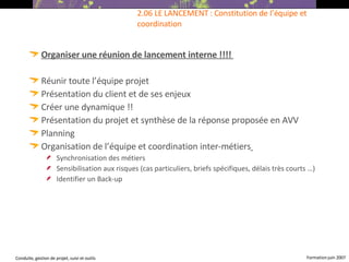 Organiser une réunion de lancement interne !!!!   Réunir toute l’équipe projet   Présentation du client et de ses enjeux  Créer une dynamique !! Présentation du projet et synthèse de la réponse proposée en AVV Planning Organisation de l’équipe et coordination inter-métiers   Synchronisation des métiers Sensibilisation aux risques (cas particuliers, briefs spécifiques, délais très courts …) ‏ Identifier un Back-up  2.06 LE LANCEMENT : Constitution de l’équipe et coordination 