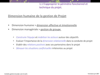 Dimension humaine de la gestion de Projet Dimension humaine >  dimension affective et émotionnelle   Dimension managériale >  gestion de groupe  Construire l'équipe   et  mobiliser les acteurs   autour des objectifs Evaluer l’importance de la  dimension relationnelle   dans la conduite de projet Etablir des   relations positives   avec ses partenaires dans le projet Dénouer les situations conflictuelles   inhérentes au projet 1.1 S'approprier le périmètre fonctionnel et technique du projet. 