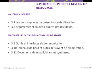 VALIDER EN INTERNE 3.7  Les bons supports de présentation des livrables. 3.8 Argumenter et soutenir auprès des décideurs.   MAITRISER LES OUTILS DE LA CONDUITE DE PROJET 3.9  Outils et interfaces de communication. 3.10  Tableaux de bord et outils de suivi et de planification. 3.11 Documents de travail, bilans et synthèses.  3.  PILOTAGE DU PROJET ET GESTION LES RESSOURCES   