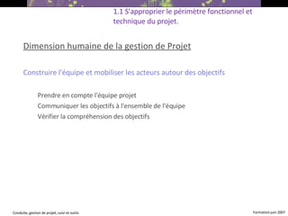 Dimension humaine de la gestion de Projet Construire l'équipe et mobiliser les acteurs autour des objectifs Prendre en compte l'équipe projet Communiquer les objectifs à l'ensemble de l'équipe Vérifier la compréhension des objectifs 1.1 S'approprier le périmètre fonctionnel et technique du projet. 