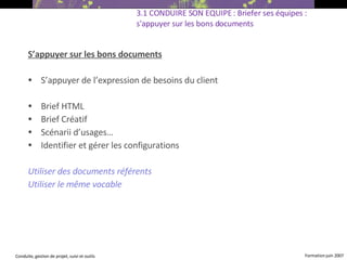 S’appuyer sur les bons documents S’appuyer de l’expression de besoins du client Brief HTML Brief Créatif Scénarii d’usages… Identifier et gérer les configurations  Utiliser des documents référents Utiliser le même vocable 3.1 CONDUIRE SON EQUIPE : Briefer ses équipes : s'appuyer sur les bons documents 