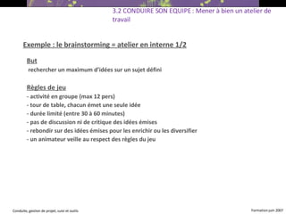 Exemple : le brainstorming = atelier en interne 1/2 3.2 CONDUIRE SON EQUIPE : Mener à bien un atelier de travail   But rechercher un maximum d’idées sur un sujet défini Règles de jeu - activité en groupe (max 12 pers) ‏ - tour de table, chacun émet une seule idée - durée limité (entre 30 à 60 minutes) ‏ - pas de discussion ni de critique des idées émises - rebondir sur des idées émises pour les enrichir ou les diversifier - un animateur veille au respect des règles du jeu   