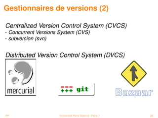 Gestionnaires de versions (2)

Centralized Version Control System (CVCS)
- Concurrent Versions System (CVS)
- subversion (svn)


Distributed Version Control System (DVCS)




PP                   Université Paris Diderot - Paris 7   26
 