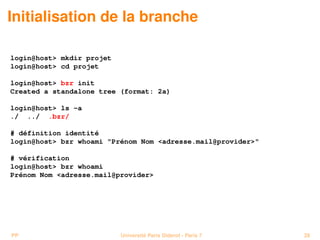 Initialisation de la branche

login@host> mkdir projet
login@host> cd projet

login@host> bzr init
Created a standalone tree (format: 2a)

login@host> ls -a
./ ../ .bzr/

# définition identité
login@host> bzr whoami "Prénom Nom <adresse.mail@provider>"

# vérification
login@host> bzr whoami
Prénom Nom <adresse.mail@provider>




PP                         Université Paris Diderot - Paris 7   28
 