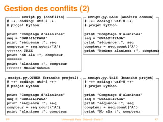 Gestion des conﬂits (2)
       script.py (conflits)                  script.py.BASE (ancêtre commun)
# -*- coding: utf-8 -*-                    # -*- coding: utf-8 -*-
# projet Python                            # projet Python

print "Comptage d'alanines"                print "Comptage d'alanines"
seq = "GWALILIPAGA"                        seq = "GWALILIPAGA"
print "séquence :", seq                    print "séquence :", seq
compteur = seq.count("A")                  compteur = seq.count("A")
<<<<<<< TREE                               print "Nombre alanines :", compteur
print "Nb ala :", compteur
=======
print "alanines :", compteur
>>>>>>> MERGE-SOURCE

 script.py.OTHER (branche projet2)           script.py.THIS (branche projet)
# -*- coding: utf-8 -*-                    # -*- coding: utf-8 -*-
# projet Python                            # projet Python

print "Comptage d'alanines"                print "Comptage d'alanines"
seq = "GWALILIPAGA"                        seq = "GWALILIPAGA"
print "séquence :", seq                    print "séquence :", seq
compteur = seq.count("A")                  compteur = seq.count("A")
print "alanines :", compteur               print "Nb ala :", compteur

PP                       Université Paris Diderot - Paris 7                    47
 
