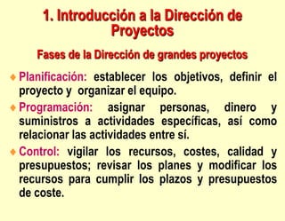 1. Introducción a la Dirección de
Proyectos
Planificación: establecer los objetivos, definir el
proyecto y organizar el eq...