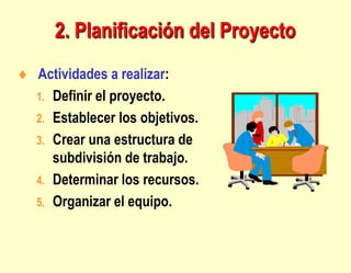 Actividades a realizar:
1. Definir el proyecto.
2. Establecer los objetivos.
3. Crear una estructura de
subdivisión de tra...