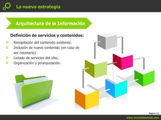 www.mentalidadweb.com<br />Página 12<br />La nueva estrategia<br />Arquitectura de la Información<br />Definición de servi...