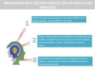 INNOVACIÓN EN EL SECTOR PÚBLICO: DE LAS IDEAS A LOS
IMPACTOS
Definir el rol de la innovación en el sector público en la
gestión pública. Los beneficios y los retos.
Talleres para conocer los enfoques y herramientas que
pueden contribuir a la innovación en el sector publico:
empoderamiento, cultura, laboratorios, premios,
casos.
Intercambio de experiencias de expertos del sector
público y privado para alcanzar verdadero impacto.
Evaluar los impactos.
 