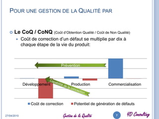 du plan de validationEvaluation des fournisseurs (capabilités)Validation des nouveaux concepts (fiabilité…)Modification de conception et d’outils pour correctionImpact fournisseurs (tri, déchets, analyse, reprise, arrêts de ligne…)Déchets, reprises de lots  au cours du processRefus de produits (erreur de conception, mauvaises spécifications…)Support en clientèle (Formation, équipements, ressources…)Remplacement/réparation des produitsCoûts logistiques associésGestion des pièces détachéesAnalyse des plaintes clientsCentre d’appel (formation, coût des appels…)Pénalités contractuellesImpact sur l’image de marque (futurs contrats…)Maintenance & calibration des équipements de testQualification des produits avant productionInspection& calibration des outils d’acceptation produitEvaluation des composants et sous-ensemblesAudits des capacités des fournisseurs  à livrer en conformitéEvaluation des capabilitésprocessMoyens d’analyse:des rebuts internes